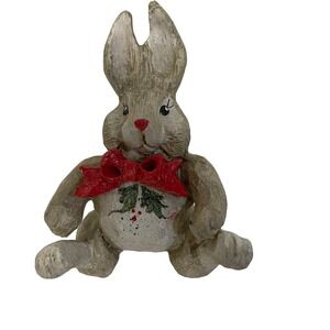 Unbranded Bunny Rabbit Figurine Unisex Small Tan Christmas Bow Holly Resin Decor